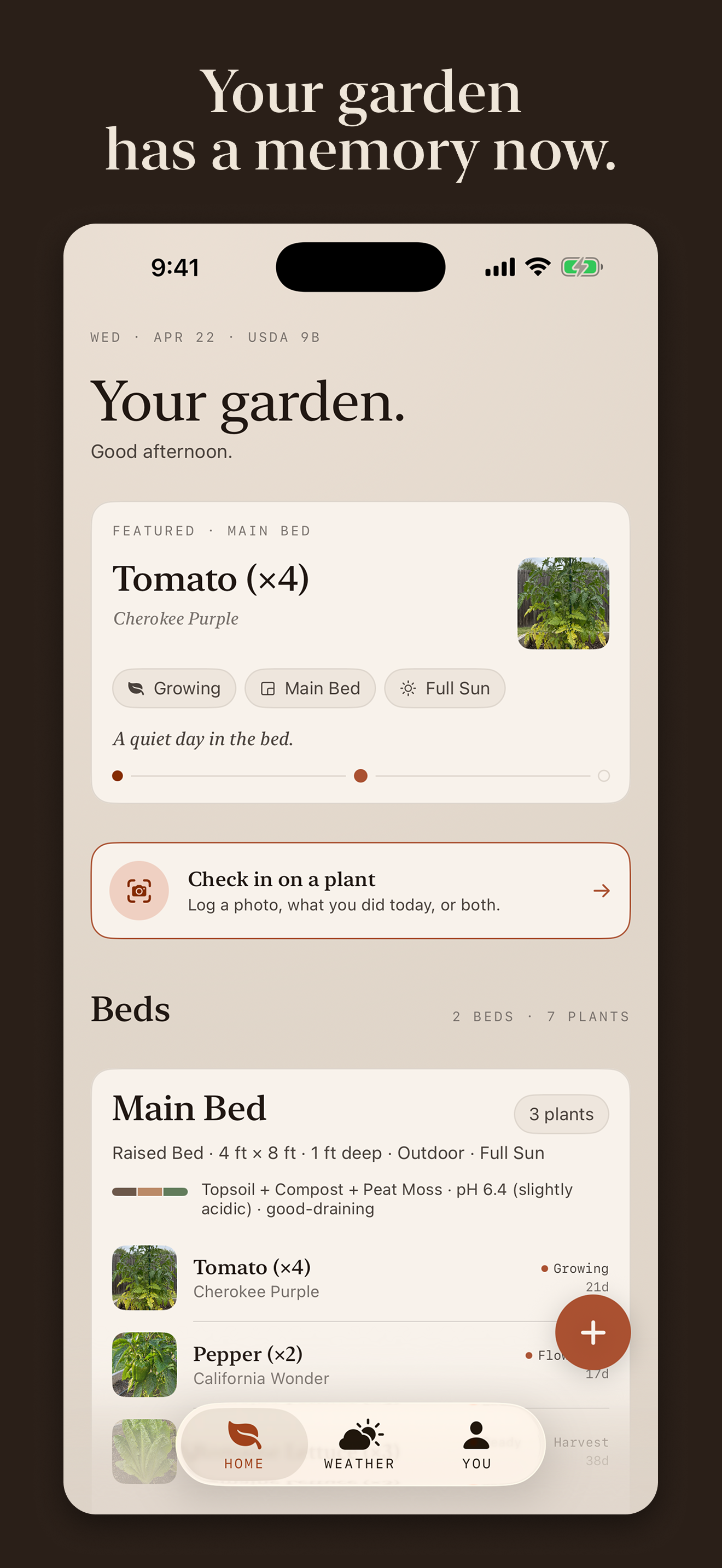 Home screen — Your garden. Featured plant card, beds list.
