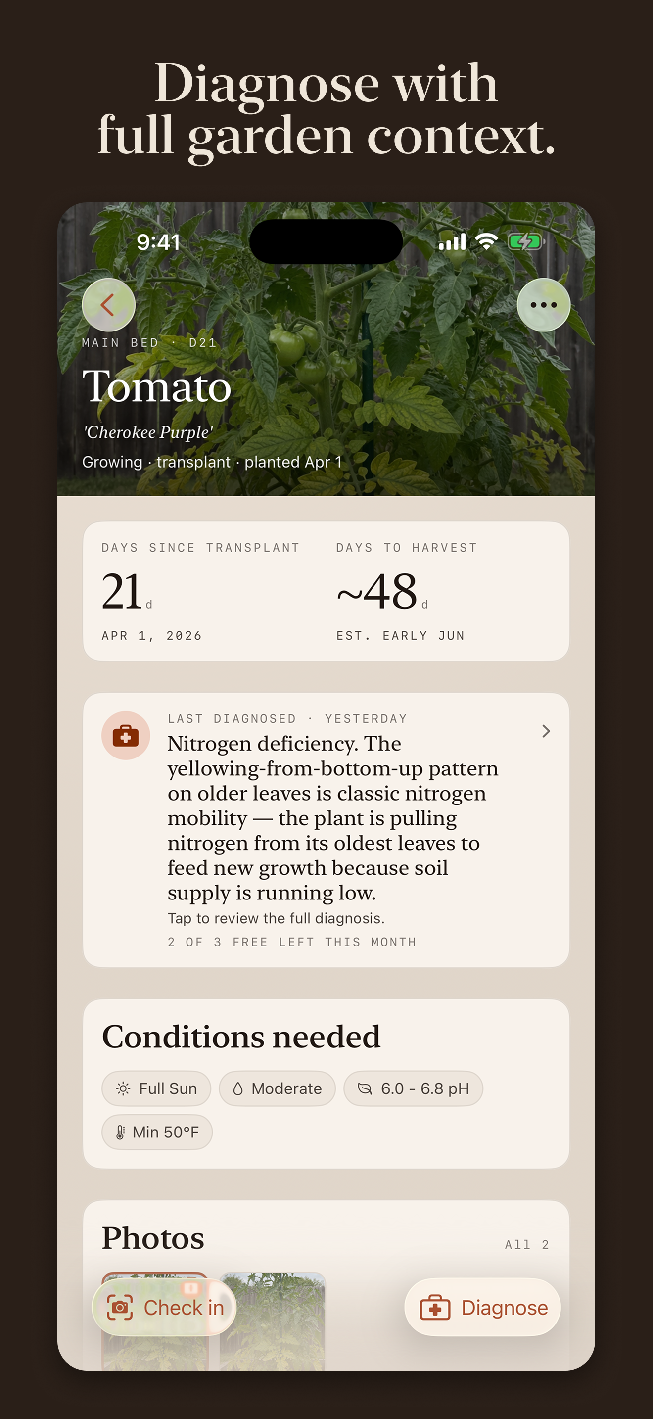 Plant detail — days since transplant, diagnosis card, activity log.