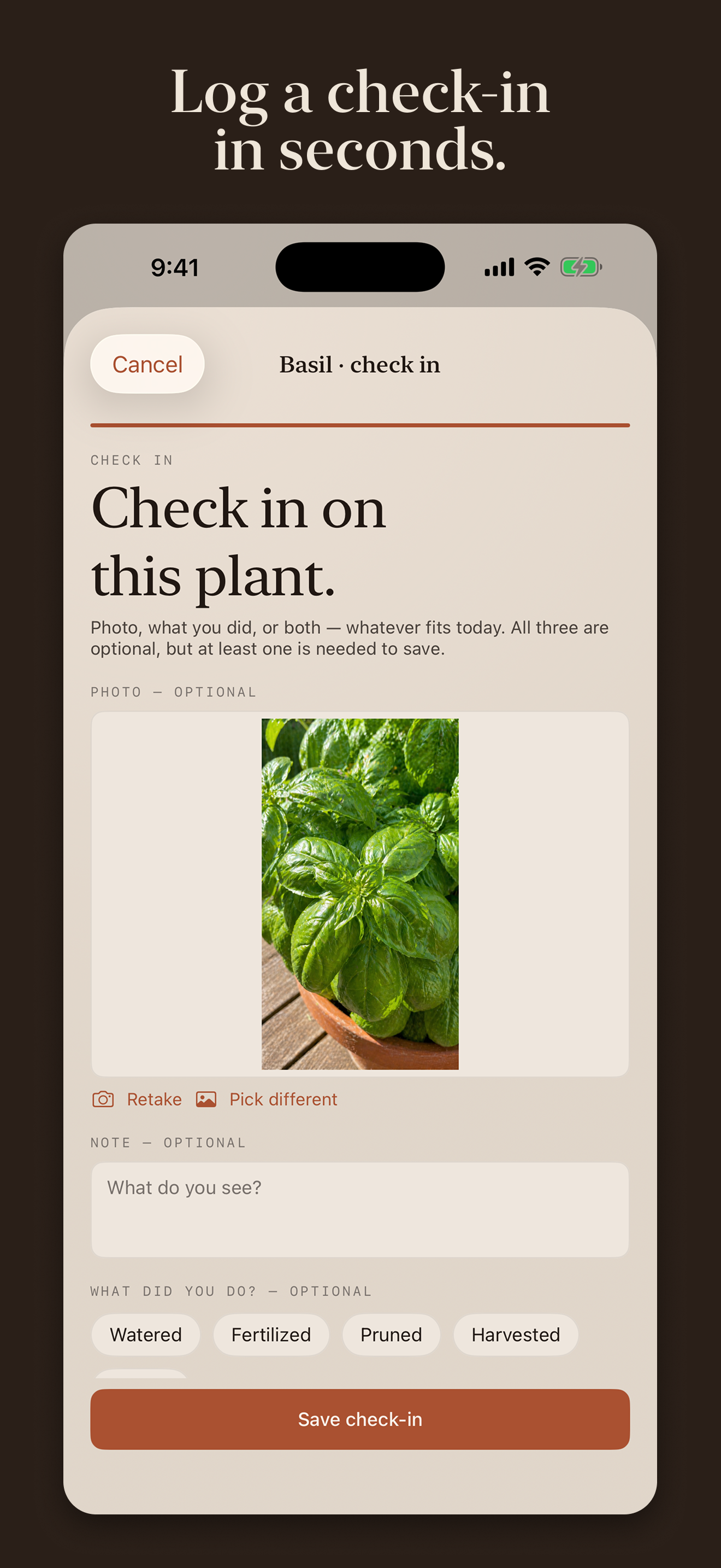Check-in wizard — photo, note, action tags.