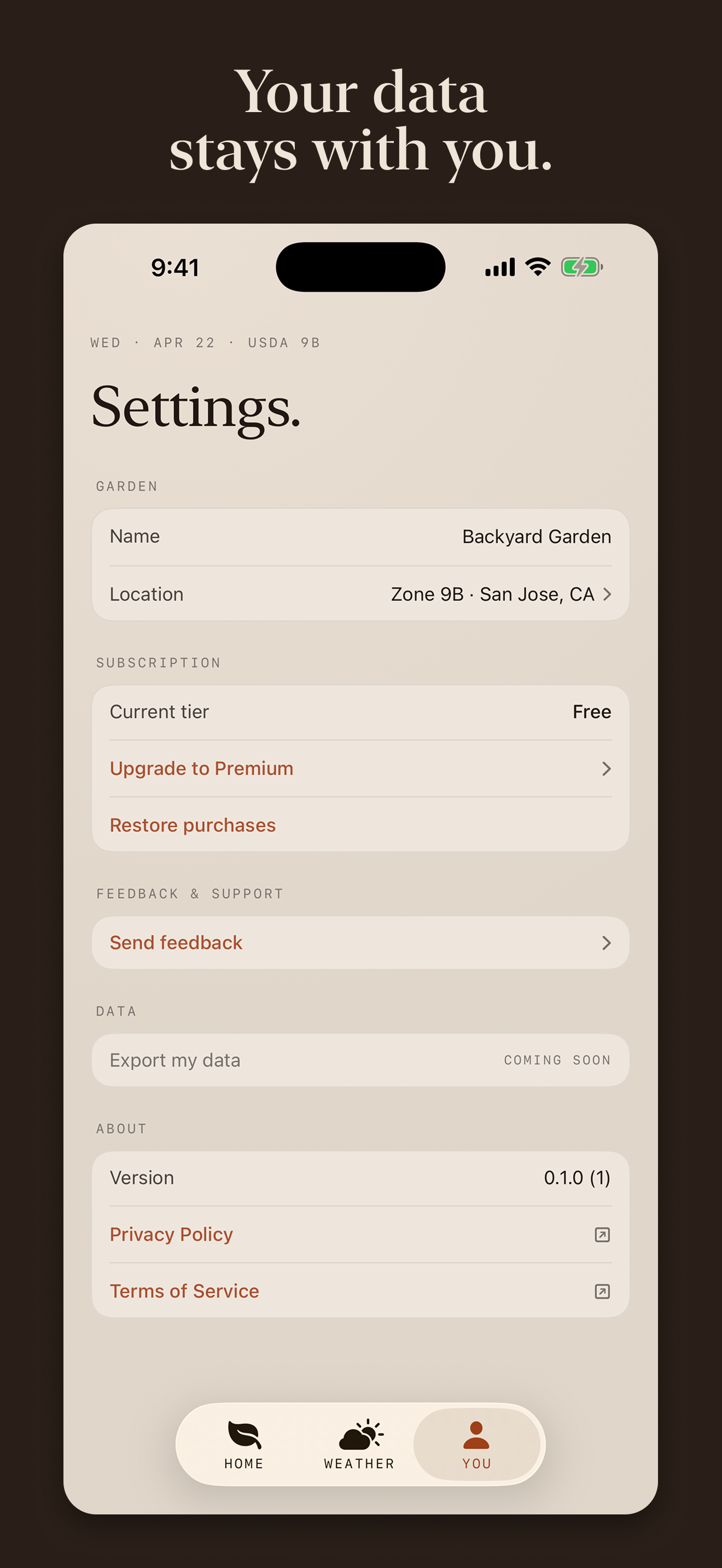 Settings — garden name, location, subscription.